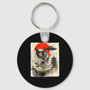 Funny Black Cat Ramen Alien Ufo Abduction Japanese Keychain