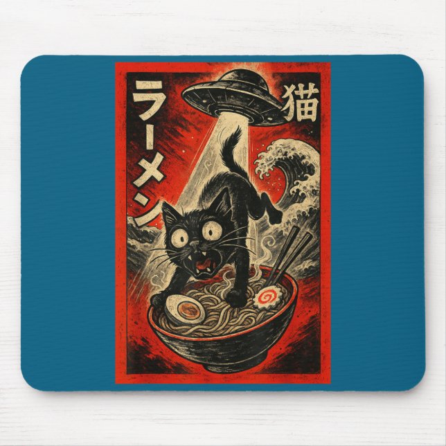 Funny Black Cat Ramen Alien Ufo Abduction Japanese Mouse Pad (Front)