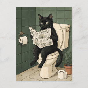 Funny Black Cat Reading Newspaper in Bathroom Postcard