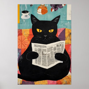 Funny Black cat Reading Newspaper  Poster