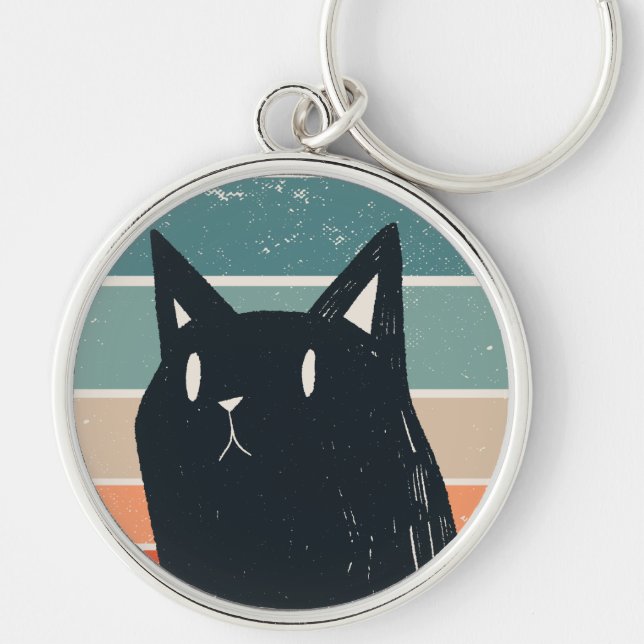 Funny Black Cat Retro Style design Keychain (Front)