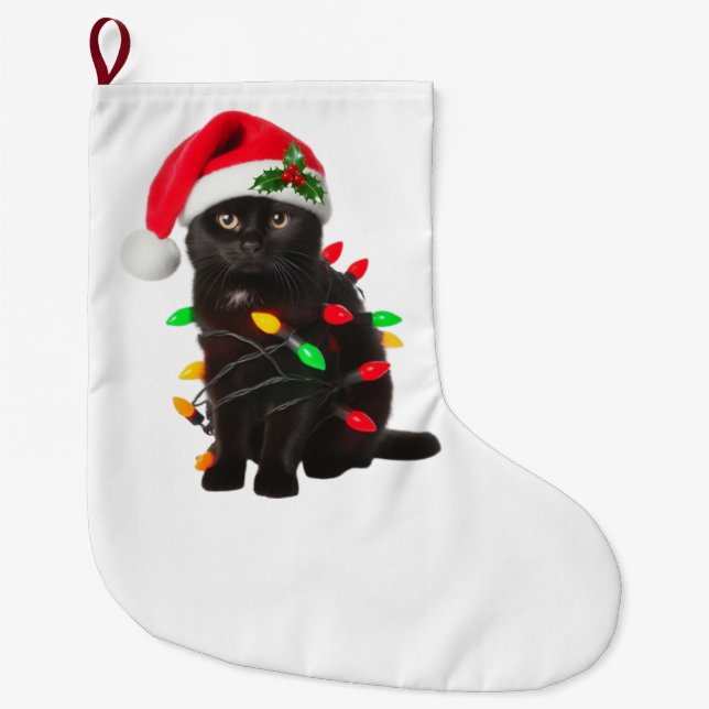Funny Black Cat Santa Hat Christmas Tree Lights Large Christmas Stocking (Front)