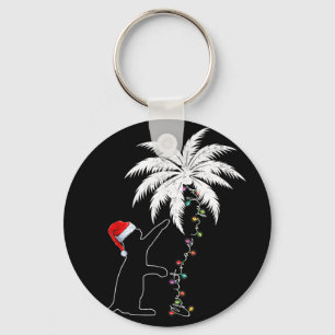 Funny Black Cat Santa Hat Hawaiian Christmas In Ju Keychain