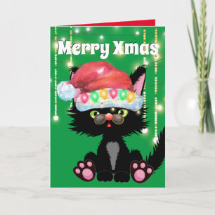 Funny black cat Santa hat tree lights humour Card
