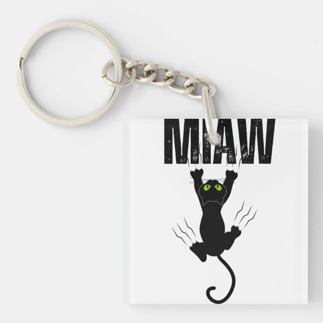 Funny Black Cat Scratching "MIAW" Graphic Square Keychain (Front)