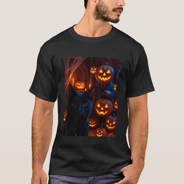Funny Black Cat Selfie with Jack O Lantern Pumpkin T-Shirt (Front)