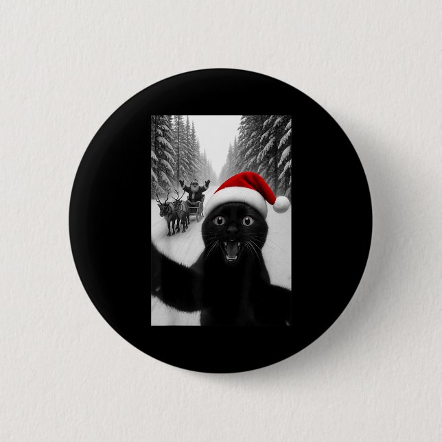 Funny Black Cat Selfie With Santa Christmas Men Wo 2 Inch Round Button (Front)