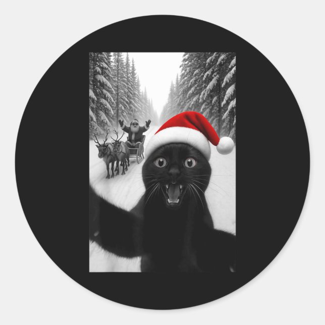 Funny Black Cat Selfie With Santa Christmas Men Wo Classic Round Sticker (Front)