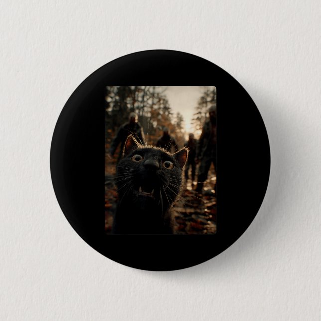 Funny Black Cat Selfie With Zombies Feline Animal  2 Inch Round Button (Front)