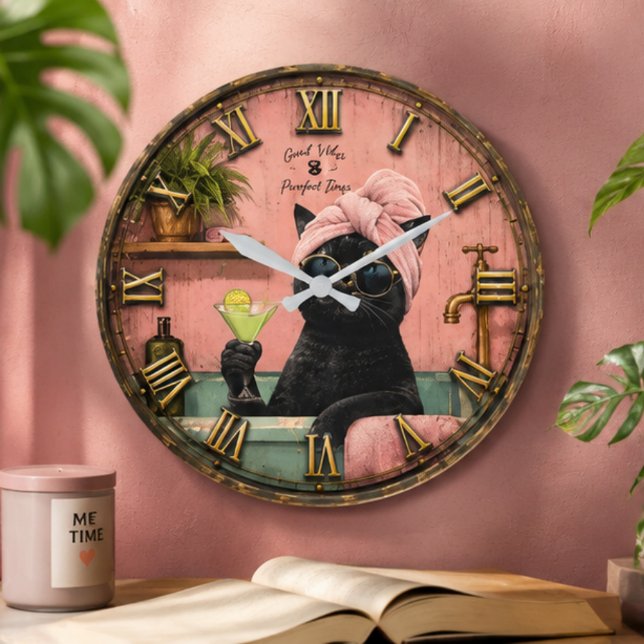 Funny Black Cat Spa Large Clock (Creator Uploaded)
