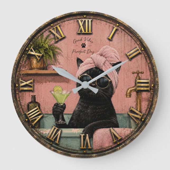 Funny Black Cat Spa Large Clock (Front)