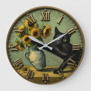 Funny Black Cat & Sunflower Whimsical Cat Lover  Large Clock