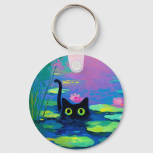Funny Black Cat Swimming in Pond Quirky Art Keychain