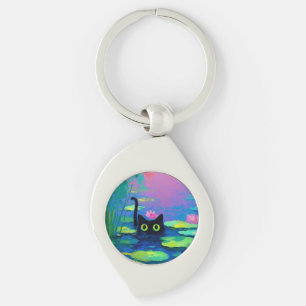 Funny Black Cat Swimming in Pond Quirky Art Keychain