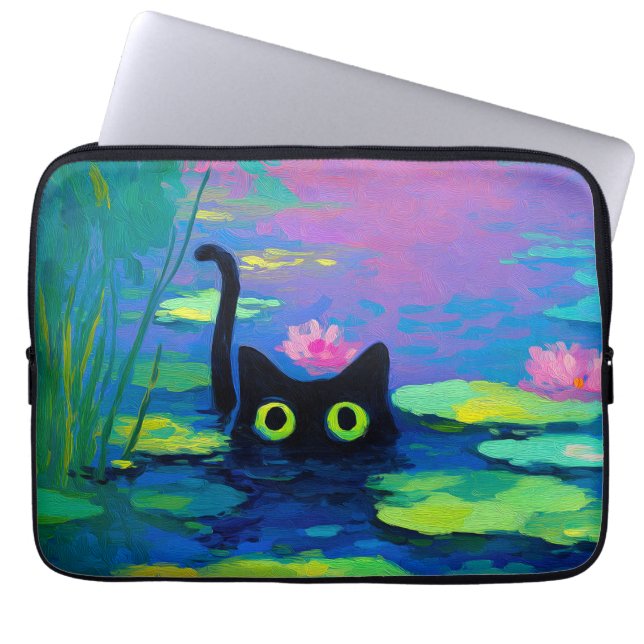 Funny Black Cat Swimming in Pond | Quirky Art Laptop Sleeve (Front)