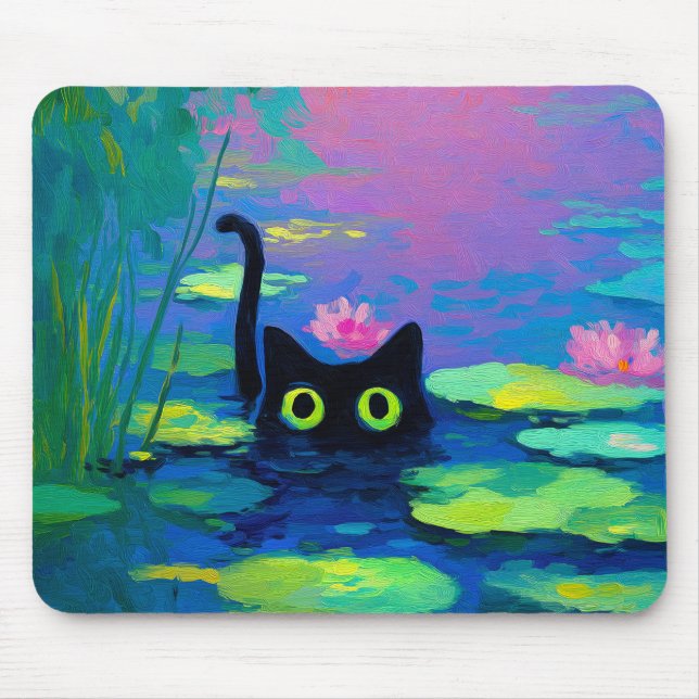 Funny Black Cat Swimming in Pond | Quirky Art Mouse Pad (Front)