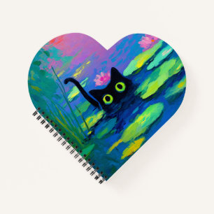 Funny Black Cat Swimming in Pond Quirky Art Notebook
