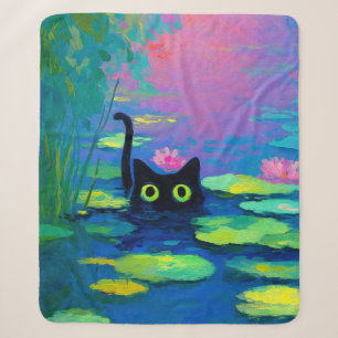 Funny Black Cat Swimming in Pond   Quirky Art Sherpa Blanket