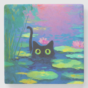 Funny Black Cat Swimming in Pond   Quirky Art Stone Coaster