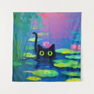 Funny Black Cat Swimming in Pond   Quirky Art Tapestry