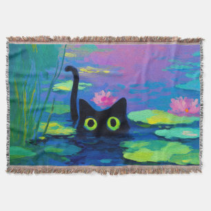 Funny Black Cat Swimming in Pond Quirky Art Throw Blanket
