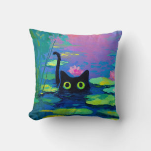 Funny Black Cat Swimming in Pond Quirky Art Throw Pillow