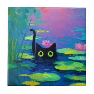 Funny Black Cat Swimming in Pond Quirky Art Tile