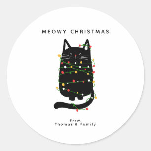 Funny Black Cat Tangled Up In Christmas Light Classic Round Sticker