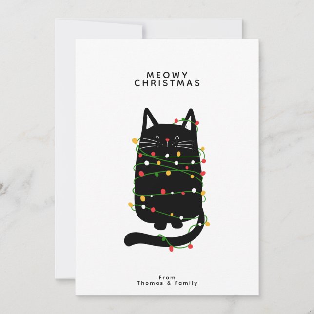 Funny Black Cat Tangled Up In Christmas Light  Holiday Card (Front)