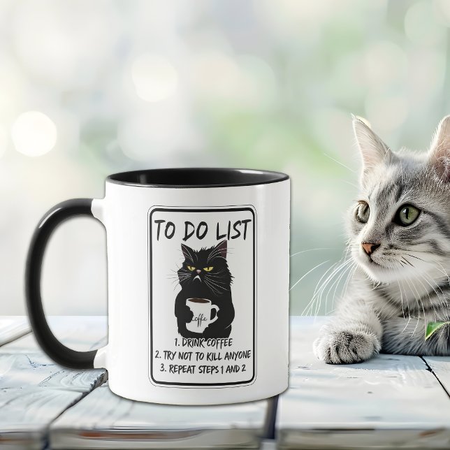 Funny Black Cat To Do List Monogram Mug (Creator Uploaded)