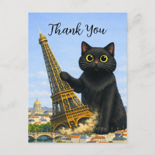 Funny Black Cat Topples the Eiffel Tower Thank You Postcard