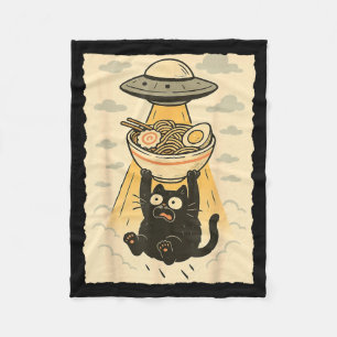 Funny Black Cat Ufo Ramen Alien Abduction Graphic Fleece Blanket