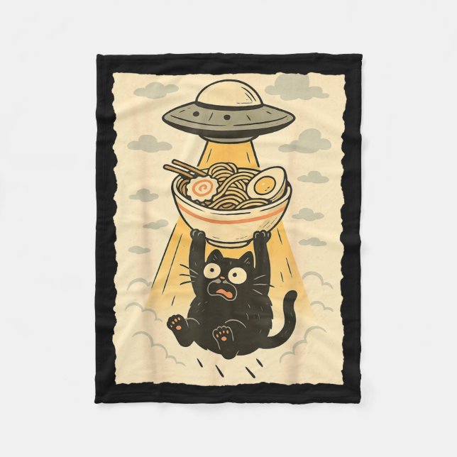Funny Black Cat Ufo Ramen Alien Abduction Graphic  Fleece Blanket (Front)