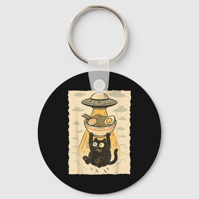 Funny Black Cat Ufo Ramen Alien Abduction Graphic  Keychain (Front)