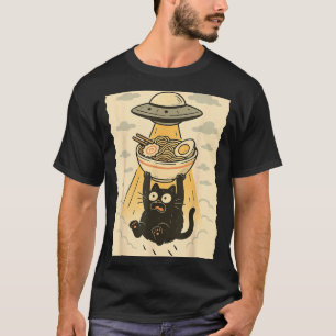Funny Black Cat Ufo Ramen Alien Abduction Graphic  T-Shirt