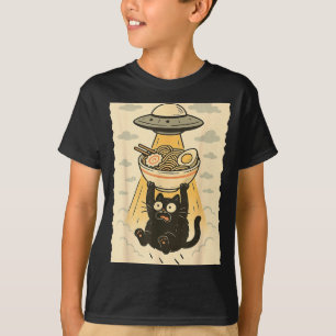 Funny Black Cat Ufo Ramen Alien Abduction Graphic T-Shirt