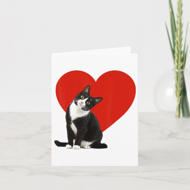 Funny Black Cat Valentine's Day Heart Tuxedo Cat L Card (Front)