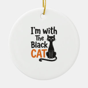 Funny Black Cat Vintage Engraving Halloween Design Ceramic Ornament