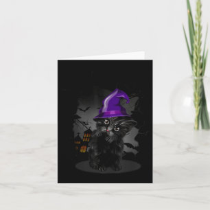 Funny Black Cat Witch Hat For Halloween Card