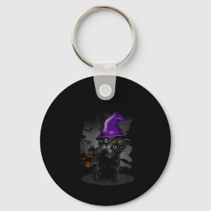 Funny Black Cat Witch Hat For Halloween Keychain