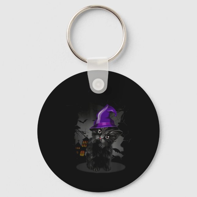 Funny Black Cat Witch Hat For Halloween Keychain (Front)