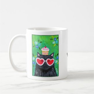 Funny Black Cat with a cupcake and heart glasses