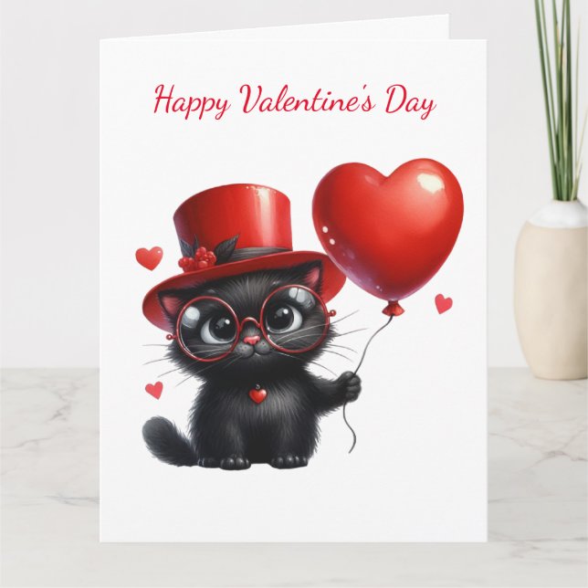 Funny Black Cat With Balloons Valentine's Day Card (Front)