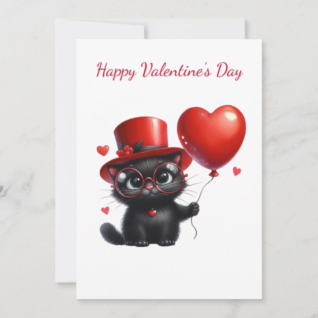 Funny Black Cat With Balloons Valentine's Day Holiday Card (Front)