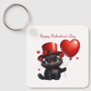 Funny Black Cat With Balloons Valentine's Day Keychain