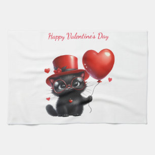 Funny Black Cat With Balloons Valentine's Day Kitchen Towel