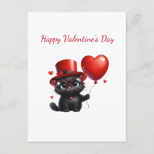 Funny Black Cat With Balloons Valentine's Day Postcard (Front)