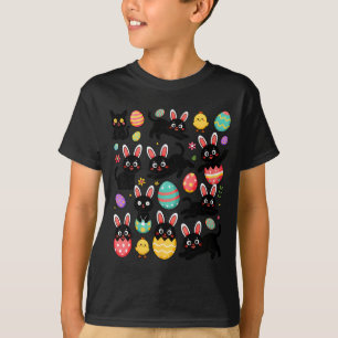 Funny Black Cat with Bunny Eggs Happy Easter Day T-Shirt