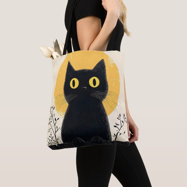 Funny Black cat with Full Moon Tote Bag (Close Up)