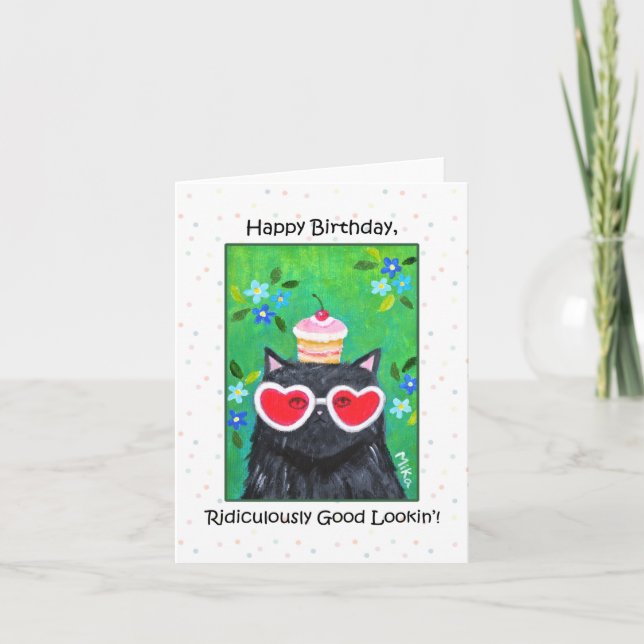 Funny Black Cat with Heart Glasses cute birthday Card (Front)
